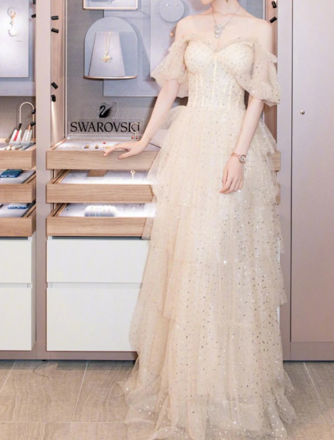 A-Line Sparkle Vintage Engagement Formal Evening Dress Sweetheart Neckline Short Sleeve Floor Length Tulle with Sequin