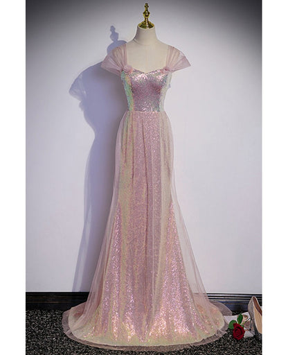 Sparkling powder blusher pink sequins off shoulder short sleeve evening dress powder blusher pink trumpet/mermaid open back zipper sweep tail prom dress