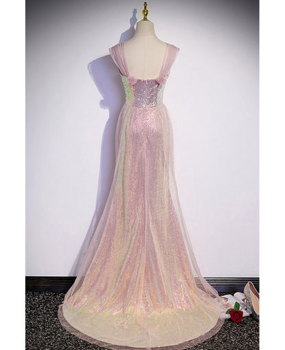 Sparkling powder blusher pink sequins off shoulder short sleeve evening dress powder blusher pink trumpet/mermaid open back zipper sweep tail prom dress