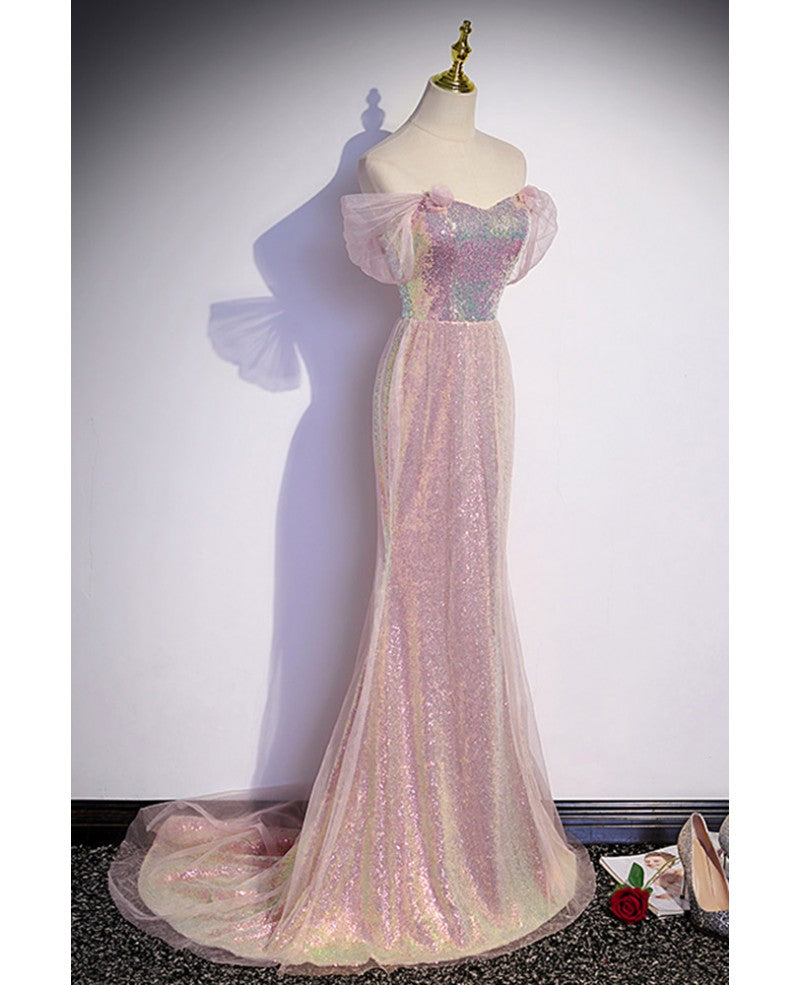 Sparkling powder blusher pink sequins off shoulder short sleeve evening dress powder blusher pink trumpet/mermaid open back zipper sweep tail prom dress