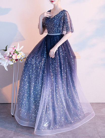 A-Line Evening Gown Glittering Dress Wedding Guest Prom Floor Length Half Sleeve V Neck Tulle with Sash / Ribbon Pleats Sequin 2024