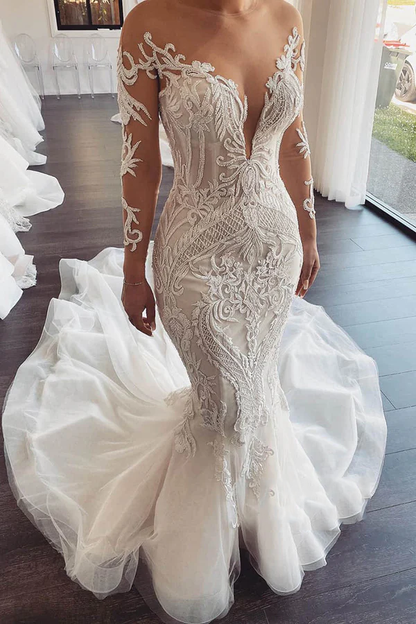 Unique illusion collar luxurious lace decal mermaid wedding dress