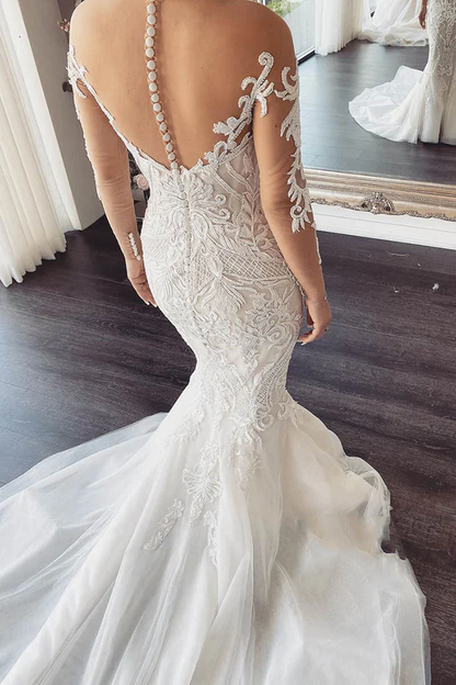 Unique illusion collar luxurious lace decal mermaid wedding dress