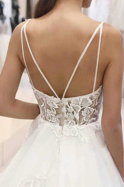 A-line thin shoulder straps, thin gauze stickers rural style wedding dress