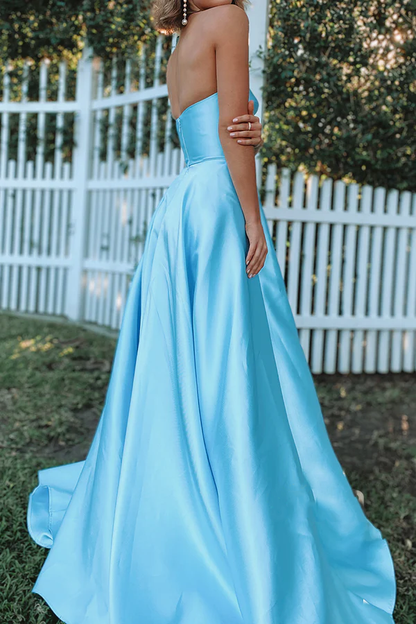 Light Blue Satin Sweetheart High Leg Split Evening Dress