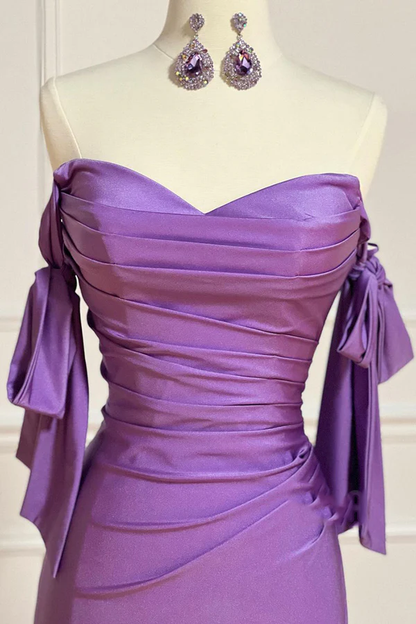 Shoulderless pleated purple slit evening dress