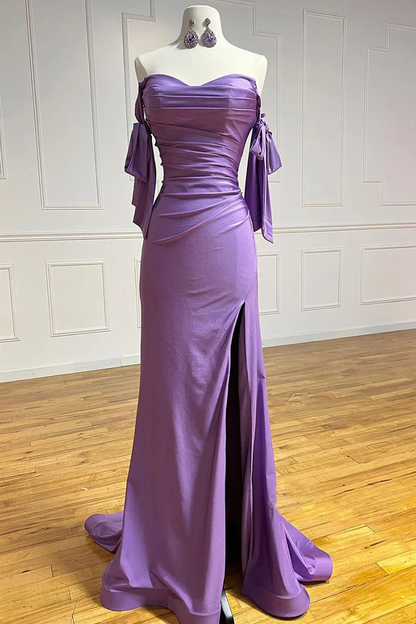 Shoulderless pleated purple slit evening dress