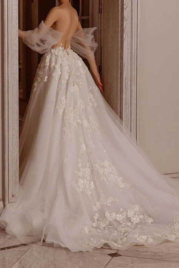 A Line Sweetheart Lace Applique Countryside Style Wedding Bridal Dress