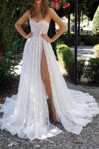 A Line Sweetheart Side Split Full Lace Palace Train Wedding Dress