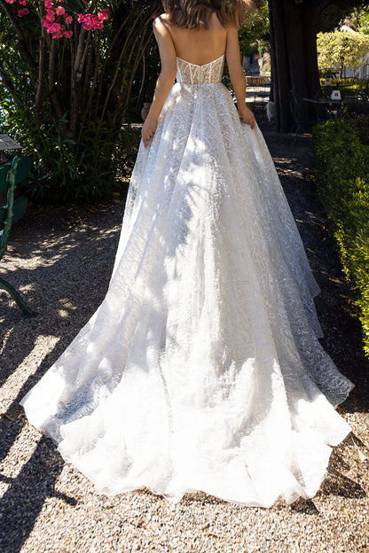 A Line Sweetheart Side Split Full Lace Palace Train Wedding Dress