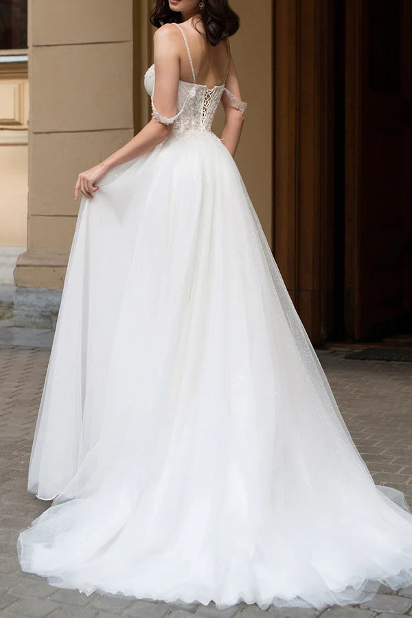 Sexy deep V-neck beaded side slit A-line pastoral wedding dress