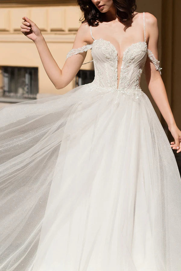 Sexy deep V-neck beaded side slit A-line pastoral wedding dress