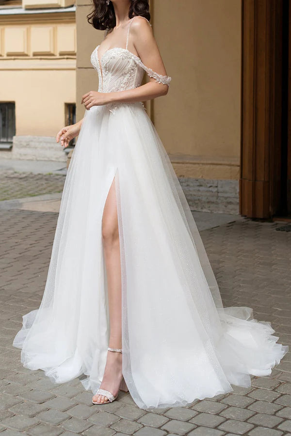 Sexy deep V-neck beaded side slit A-line pastoral wedding dress