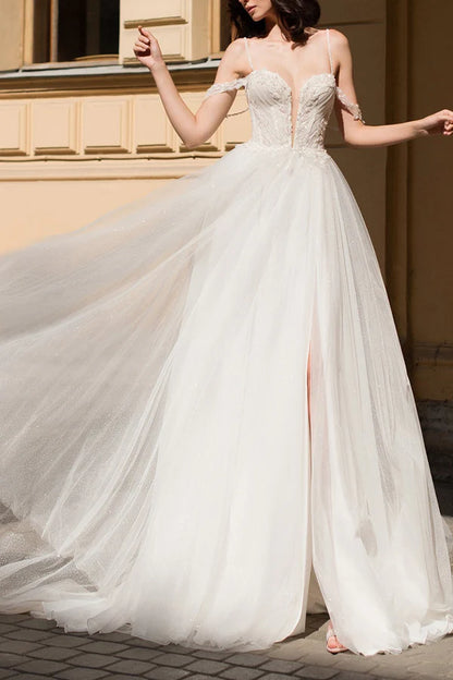 Sexy deep V-neck beaded side slit A-line pastoral wedding dress