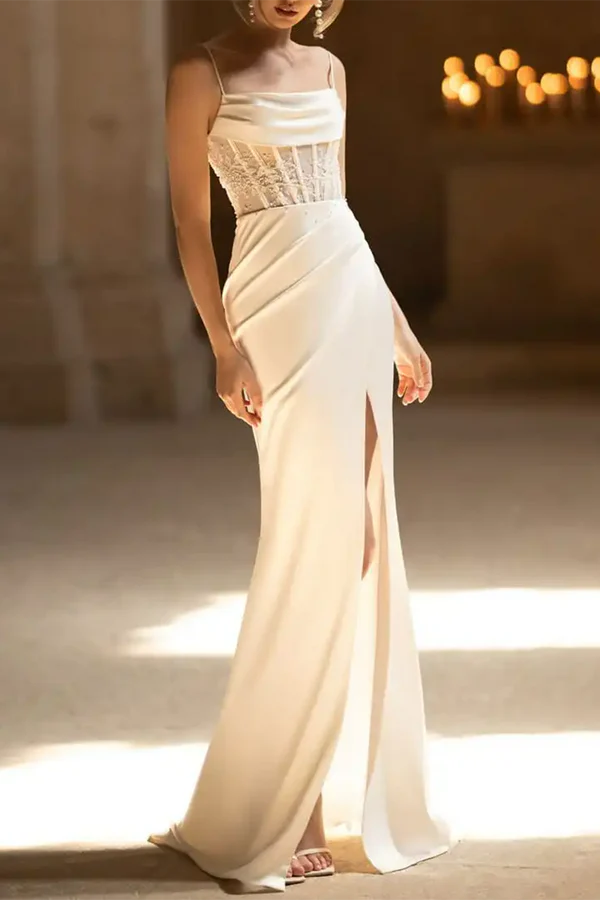 Fine shoulder strap beads elegant slit fishtail wedding dress