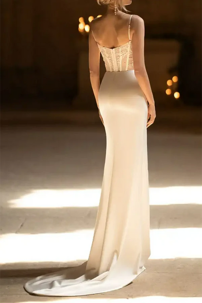 Fine shoulder strap beads elegant slit fishtail wedding dress