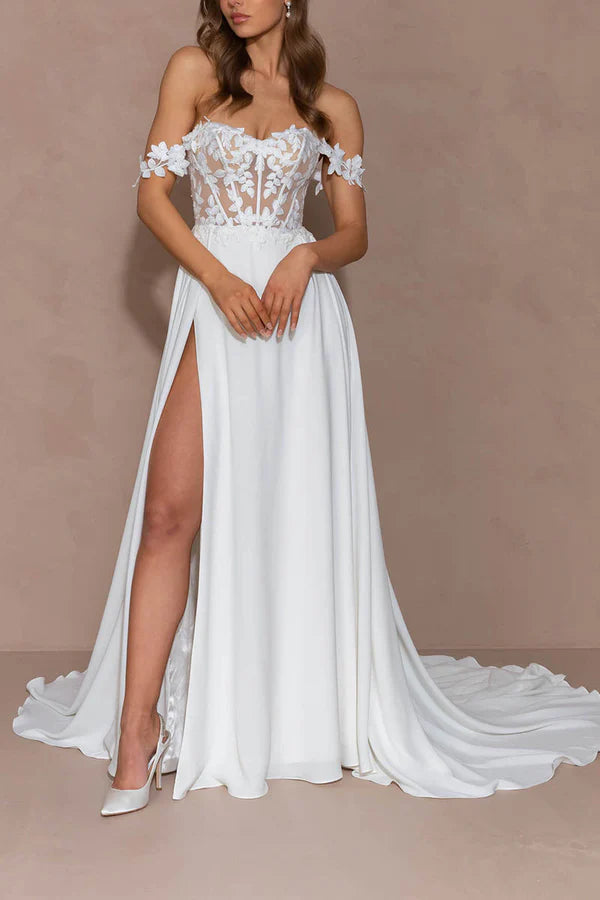 a line sweetheart lace appliques boho wedding dress with court train