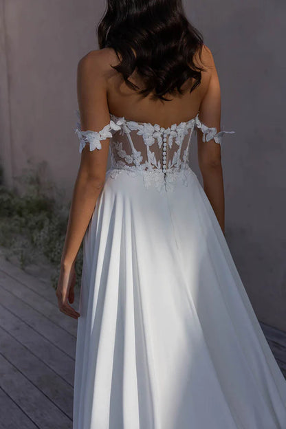 a line sweetheart lace appliques boho wedding dress with court train