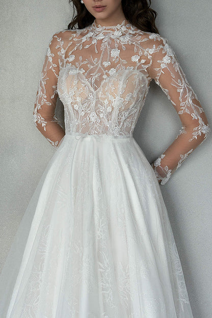 A-line illusion neckline romantic lace princess wedding dress simple bride dress