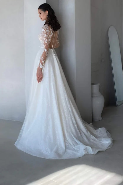 A-line illusion neckline romantic lace princess wedding dress simple bride dress