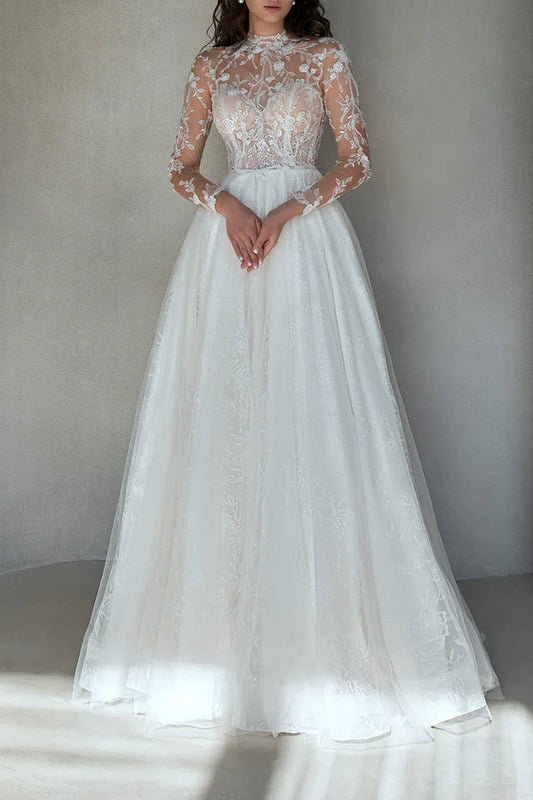 A-line illusion neckline romantic lace princess wedding dress simple bride dress