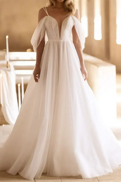 A-line deep V-neck sheer pleated rural style trailing wedding dress