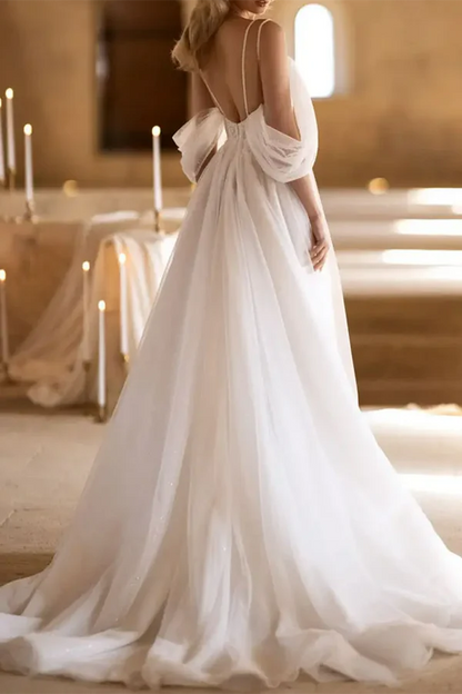 A-line deep V-neck sheer pleated rural style trailing wedding dress