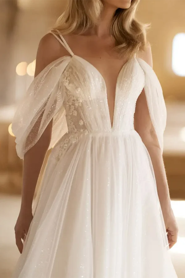 A-line deep V-neck sheer pleated rural style trailing wedding dress