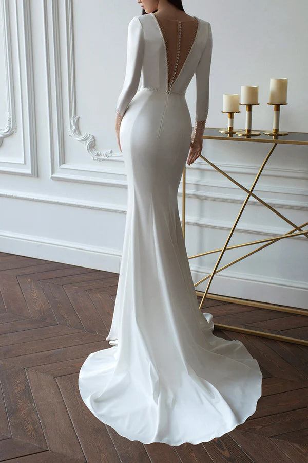 Sheath/pillar illusion deep V-neck long sleeved palace train satin wedding dress