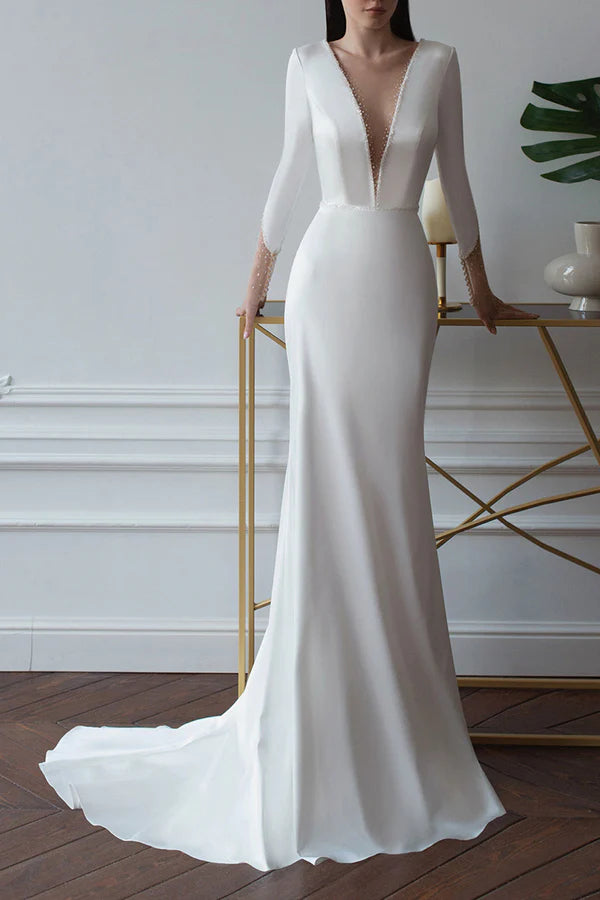 Sheath/pillar illusion deep V-neck long sleeved palace train satin wedding dress