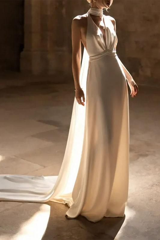 A Line Unique Hanging Neck Sexy Open Back Bohemian Wedding Dress with Sweeping Train