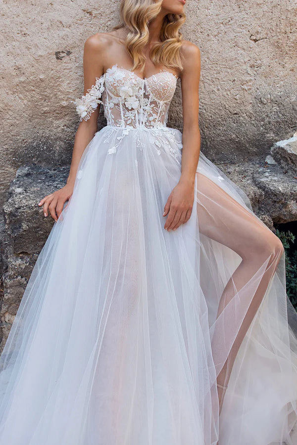 A Line Sweetheart Lace Applique Bohemian Split Wedding Dress