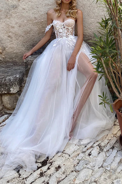 A Line Sweetheart Lace Applique Bohemian Split Wedding Dress