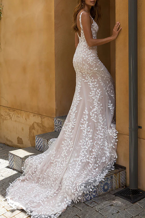 Sexy V-neck Full body Romantic Lace Fishtail Wedding Dress Bridal Dress