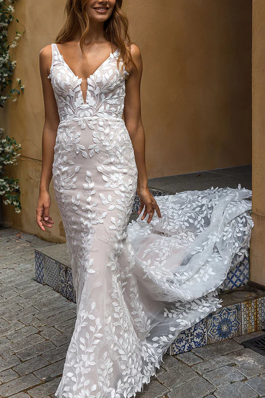 Sexy V-neck Full body Romantic Lace Fishtail Wedding Dress Bridal Dress