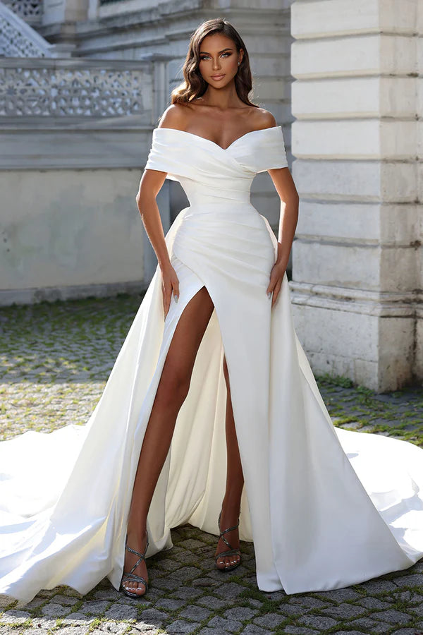 Unique off shoulder high slit satin fishtail wedding dress with detachable hem