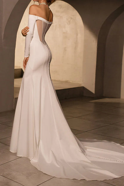 Fashionable strapless long sleeved minimalist satin fishtail wedding dress