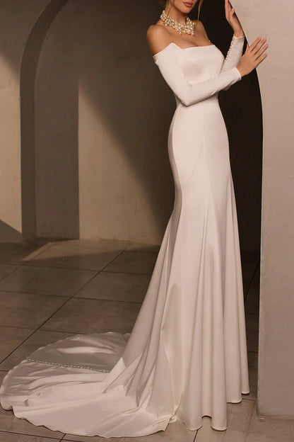 Fashionable strapless long sleeved minimalist satin fishtail wedding dress