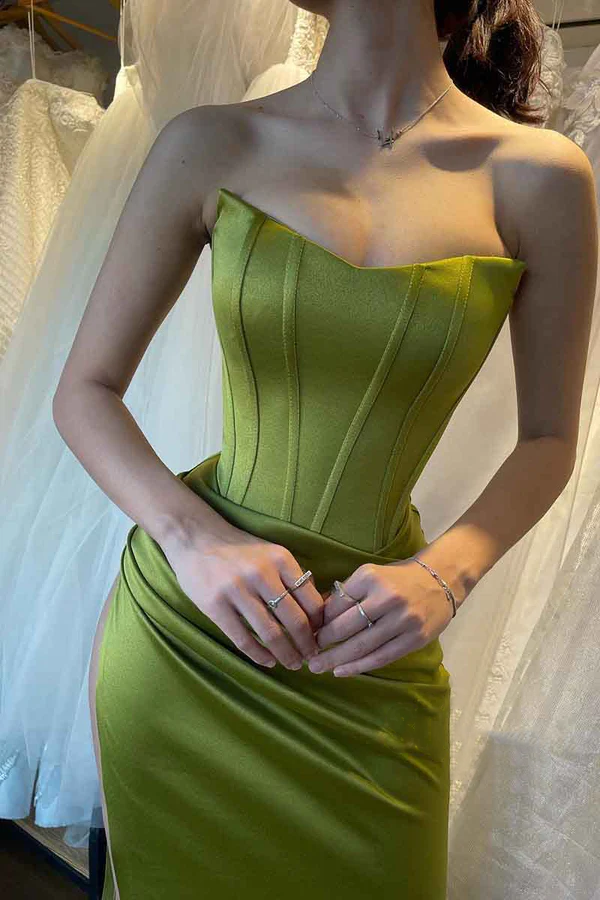 Sheath/column shoulder strap pleated long green formal evening dress ...