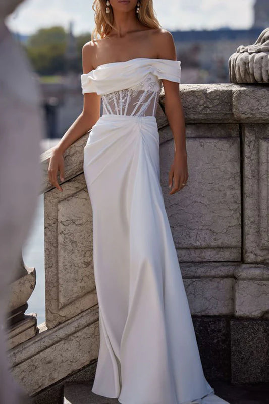 Strapless satin pleated short sleeved Bohemian mermaid wedding dress