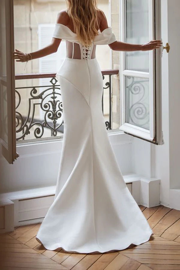 Unique strapless satin fishtail wedding dress with slit bride dress