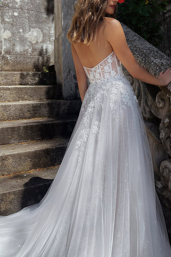 A Line Sweetheart Lace Applique Bohemian Split Wedding Dress