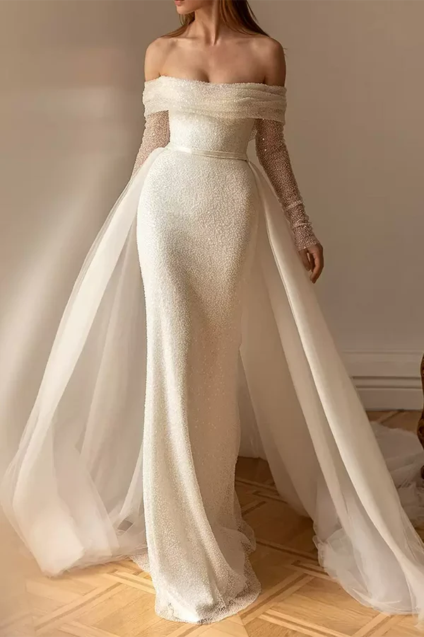 Set/Column Off Shoulder Long Sleeve Countryside Style Wedding Dress