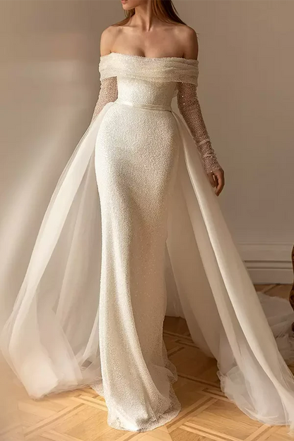 Set/Column Off Shoulder Long Sleeve Countryside Style Wedding Dress