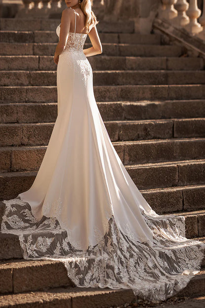 Romantic Fine Shoulder Strap Lace Applique Palace Train Fishtail Wedding Dress