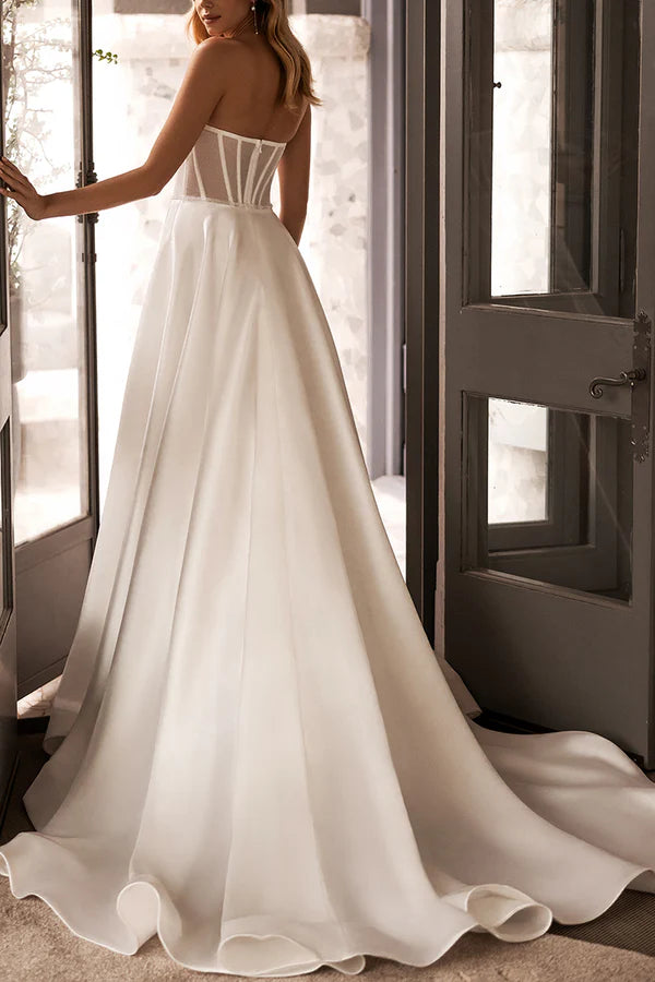 A line sweetheart shaped high slit pocket satin wedding dress