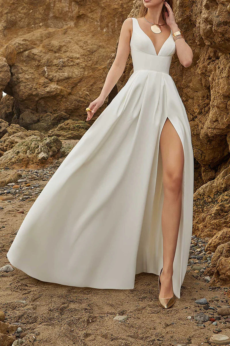 A-line sexy V-neck simple slit satin wedding dress