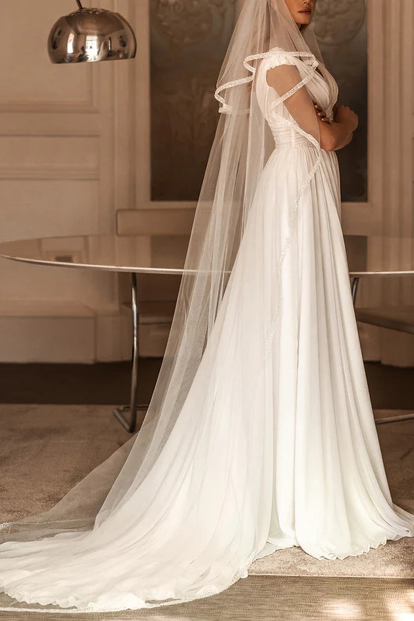 A-neck V-neck bead chiffon pleated slit beach wedding dress