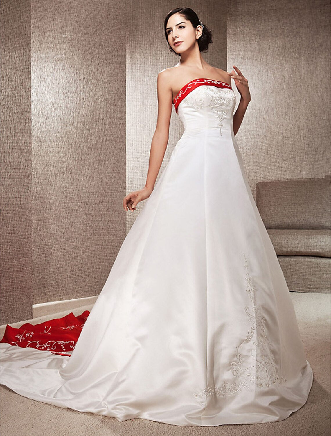 Open Back Wedding Dresses Sweep / Brush Train Ball Gown Strapless Strapless Satin With Embroidery Appliques