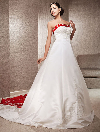 Open Back Wedding Dresses Sweep / Brush Train Ball Gown Strapless Strapless Satin With Embroidery Appliques